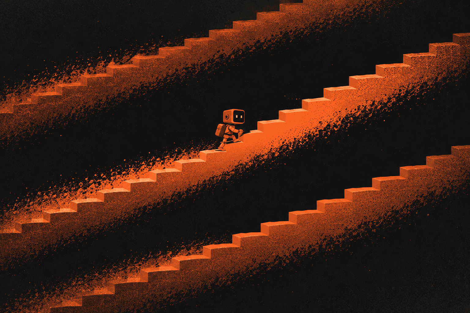 An orange AI mascot climbs a stairway, with more levels above and below, illustrating its journey through Silo.